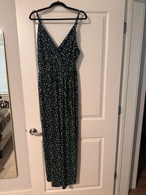Women's Dark Green Floral Jumpsuit - Sleeveless Wrap Style